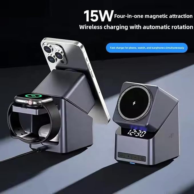 Chargeur Sans Fil 3-en-1 avec Horloge Digitale et Support Montre Connectée